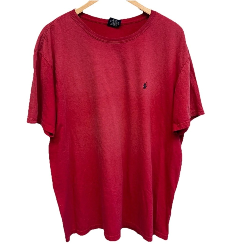 VTG Sun Faded Polo Ralph Lauren Blue Horsemen Red T Shirt Distressed Size XL